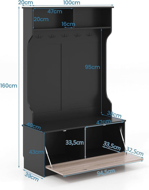 Kapstok met zitbank en 5 haken - Ruimtebesparende Garderobe met Opbergruimte voor Entree en Slaapkamer