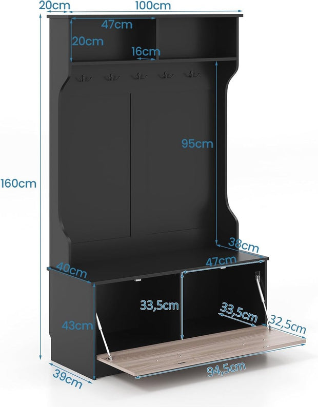Kapstok met zitbank en 5 haken - Ruimtebesparende Garderobe met Opbergruimte voor Entree en Slaapkamer