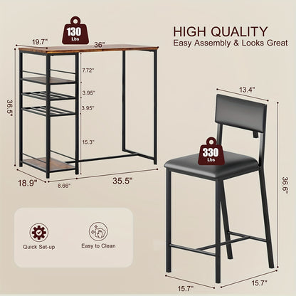 Eettafelset voor 2 personen – Tafel met 2 Stoelen – Keukentafelset – Compacte Eettafel – Kleine Ruimte Meubel – Counter Hoogte – Opbergruimte Onder Tafelblad – Mix Hout en Metaal