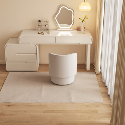 Dressoirstoel – Draaikruk – Make-up Stoel – Bureaustoel – Fauteuil – 360° Draaibaar – Zacht Kussen – Compact Rond Design – Beige Grijs – Met Rugleuning en Voetensteun