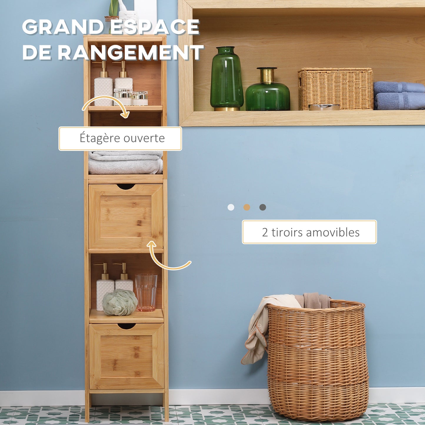 Kleankin Bathroom Column Cabinet Tall Storage Cabinet in Bamboo 2 Removable Drawers And 3 Shelves - Natural Design - 30 X 30 X 140 Cm Natural