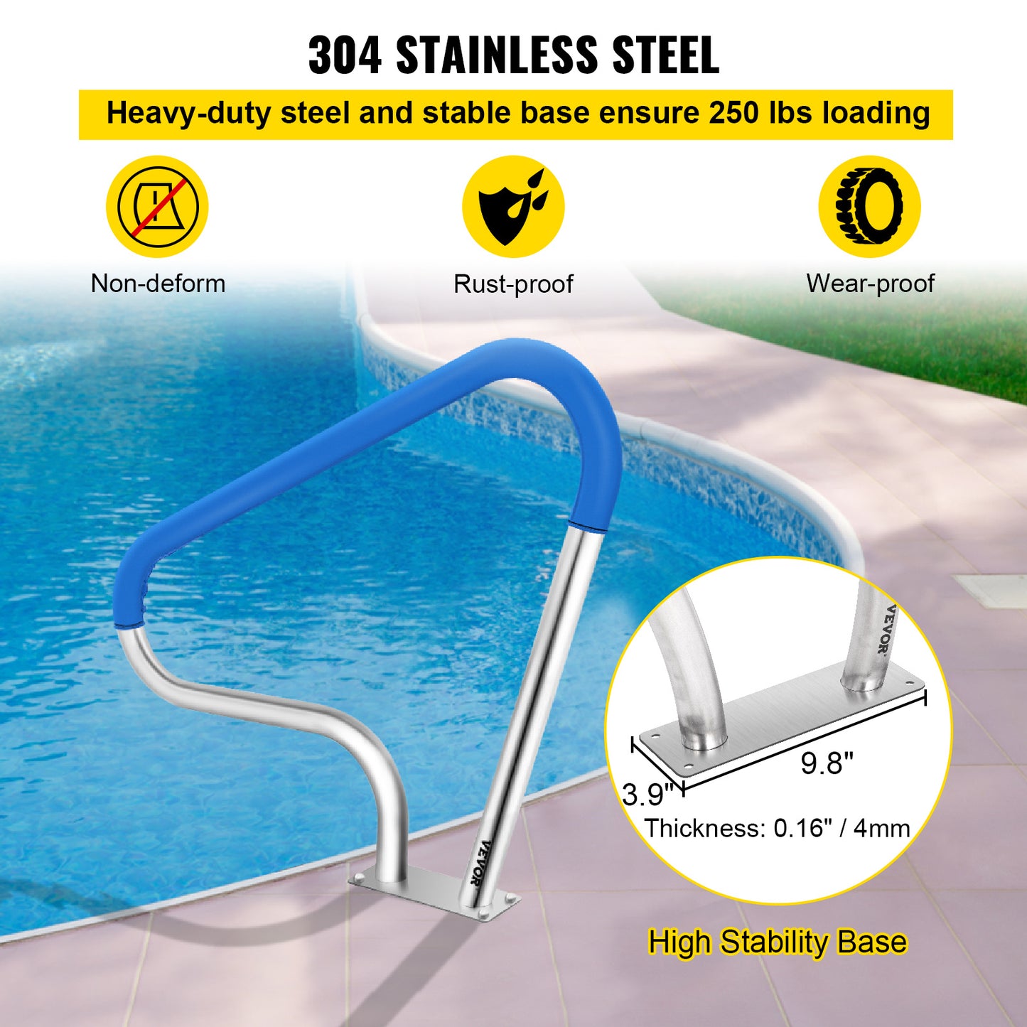 VEVOR Pool Rail 39x32" Pool Railing 304 Stainless Steel 250LBS Load Capacity Silver Rustproof Pool Handrail Humanized Swimming Pool Handrail with Blue Grip Cover & M8 Drill Bit & Self-taping Screws
