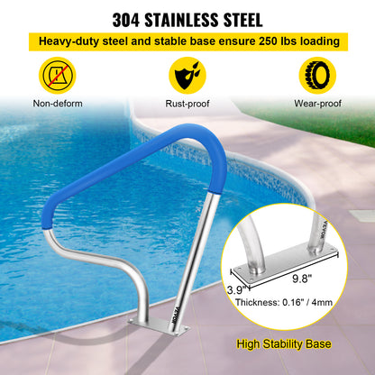 VEVOR Pool Rail 39x32" Pool Railing 304 Stainless Steel 250LBS Load Capacity Silver Rustproof Pool Handrail Humanized Swimming Pool Handrail with Blue Grip Cover & M8 Drill Bit & Self-taping Screws