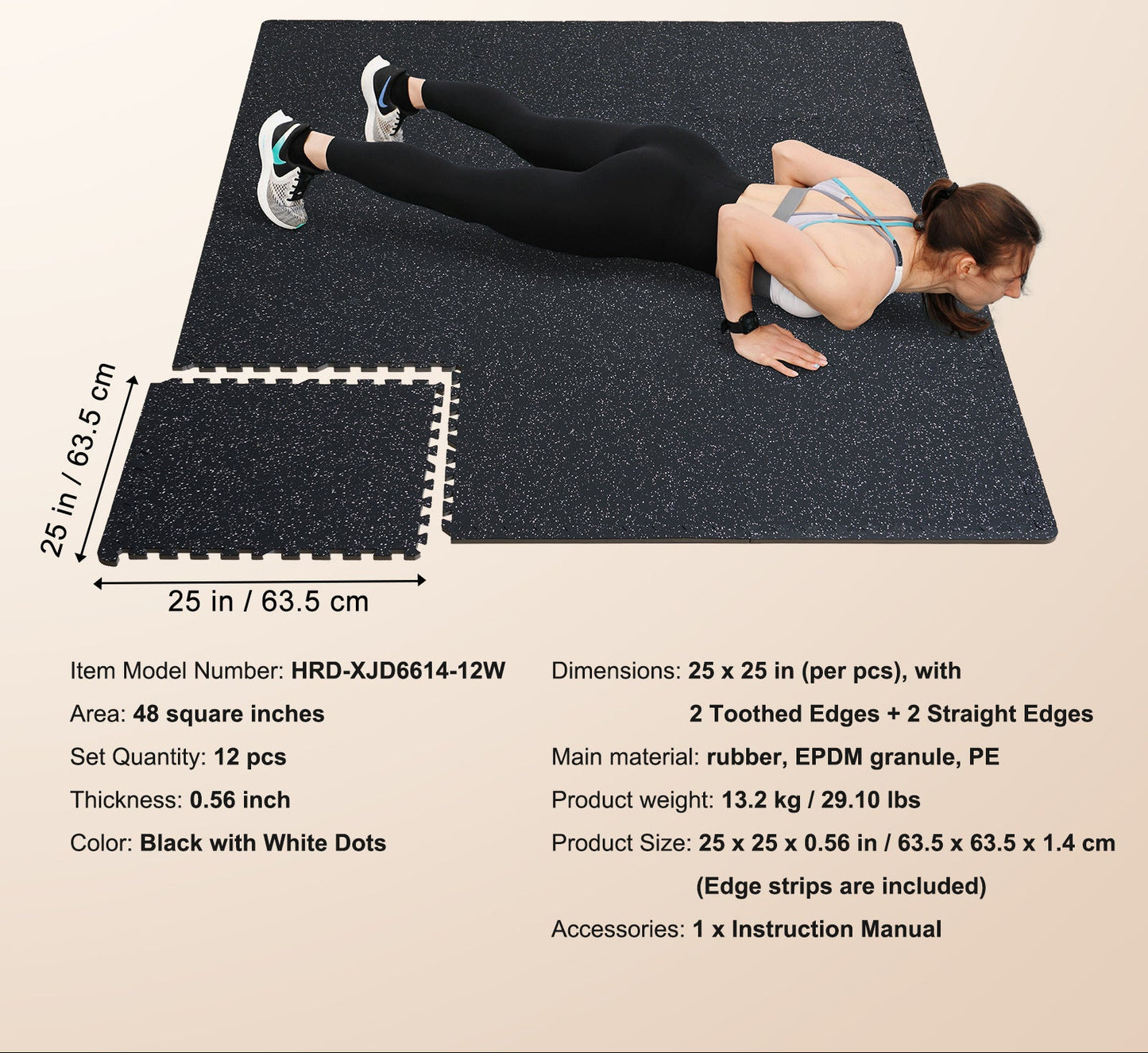 Fitnessvloer – Vloermatten – Sportmatten – Vloertegels – Gymvloer – 12 Tegels met Rand – 0,56 Inch Rubber & EVA Schuim – Geluidsdempend en Slijtvast - QUORE