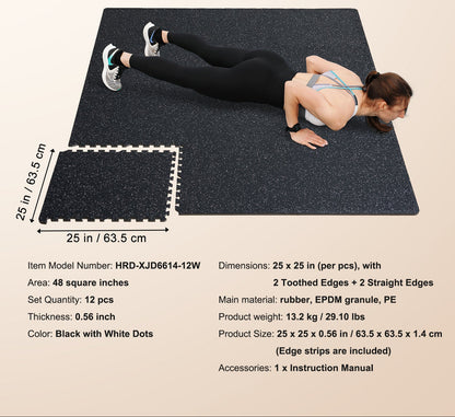 Fitnessvloer – Vloermatten – Sportmatten – Vloertegels – Gymvloer – 12 Tegels met Rand – 0,56 Inch Rubber & EVA Schuim – Geluidsdempend en Slijtvast - QUORE
