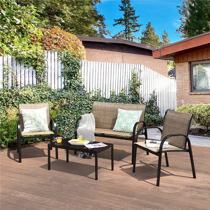 Tuinmeubelset 4-Delig – Tuinset – Loungeset – Balkonmeubilair – Terrasmeubilair – Weerbestendig Metaal – Met Glas – Bruin