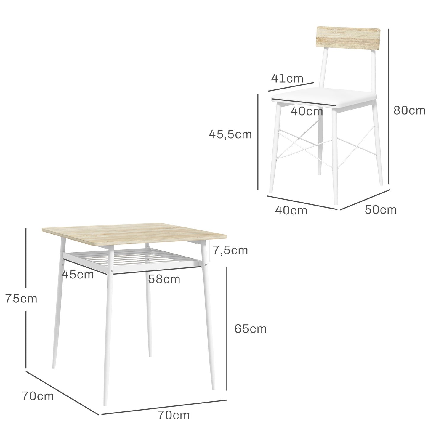Eettafel – Tafel – Keukentafel – Dinertafel – Zitmeubel – Stalen Frame – 2 Stapelbare Stoelen – Wit en Eikenhout – Compact en Ruimtebesparend