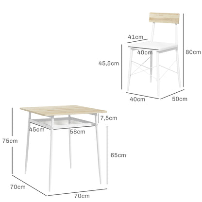 Eettafel – Tafel – Keukentafel – Dinertafel – Zitmeubel – Stalen Frame – 2 Stapelbare Stoelen – Wit en Eikenhout – Compact en Ruimtebesparend