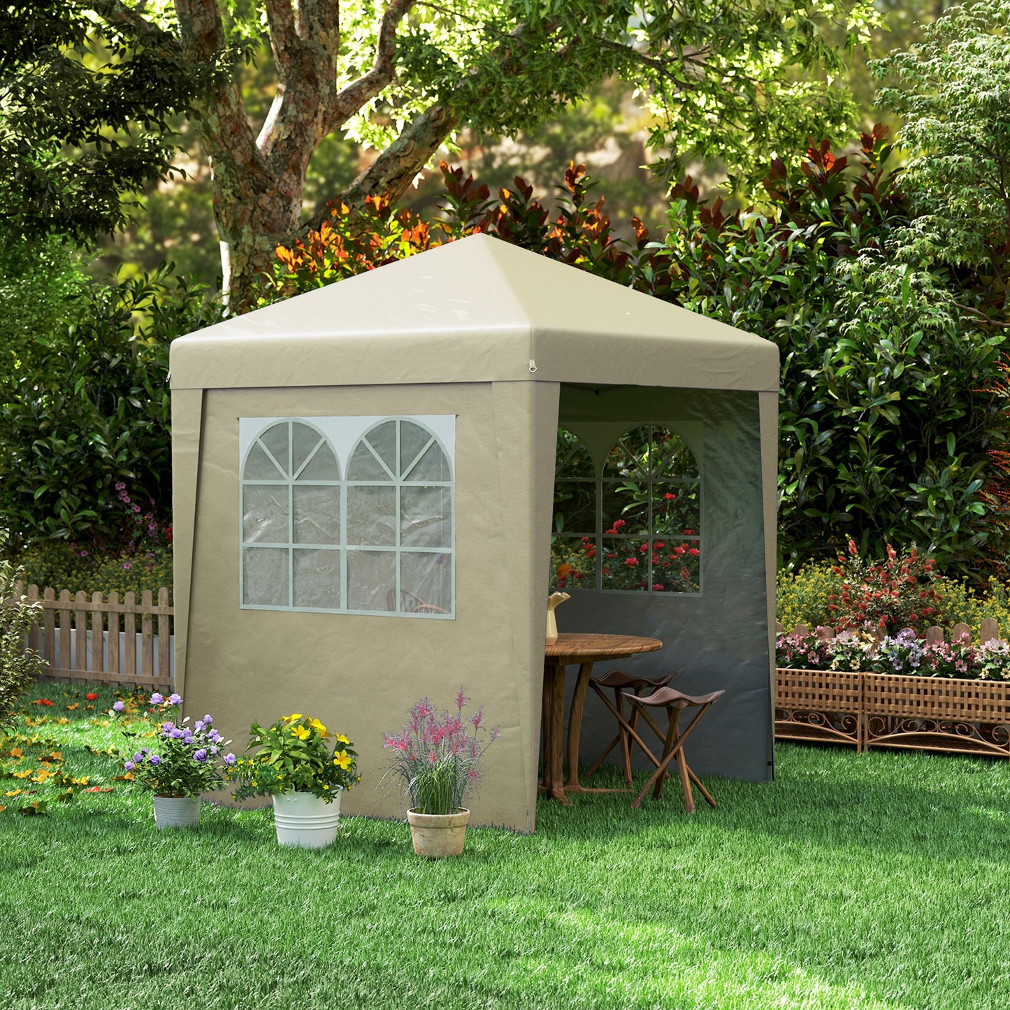 Partytent – Tuinpaviljoen – Feesttent – Overkapping – Pop-up Tent – Opvouwbaar – Verstelbare Hoogte – UV30+ Bescherming – Beige Oxford Stof – Compleet Met Zijwanden en Zandzakken