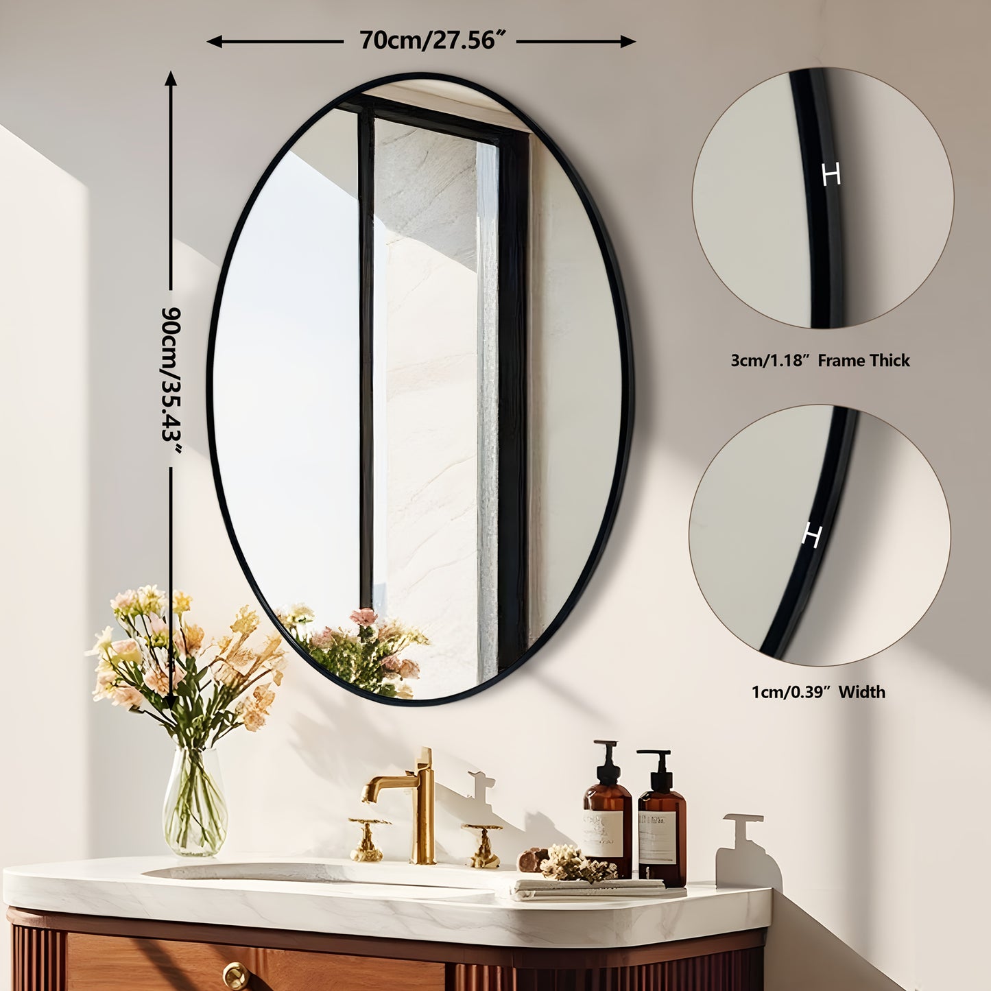 Ovale Wandspiegel – Grote Spiegel – Zwarte Muurspiegel – Decoratieve Spiegel – Badkamerspiegel – 60x80 cm – Zwart Geborsteld Aluminium Frame – 4 mm HD Glas