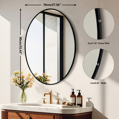 Wandspiegel – Grote Spiegel Wand – Passpiegel – Badkamerspiegel – Decoratieve Spiegel – 70x90 cm – Ovaal Zwart Aluminium Frame – Roestbestendig & Scherpe HD Glas