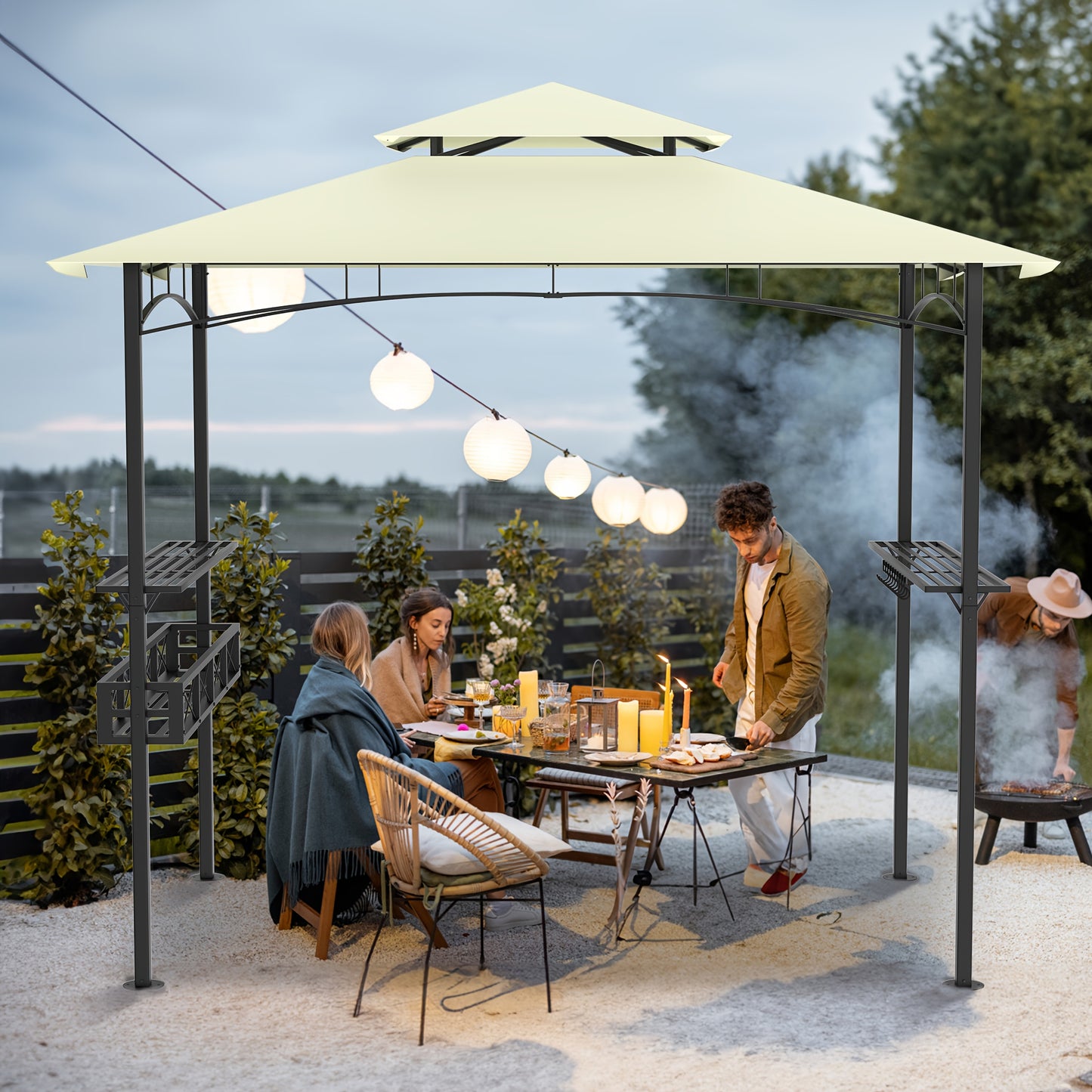 BBQ Overkapping – BBQ Paviljoen – Terrasoverkapping – Barbecue Tent – Tuinpaviljoen – Ruim Ontwerp – UV-bestendig Polyester – Stevig Metalen Frame – Zijplanken & Onderkast