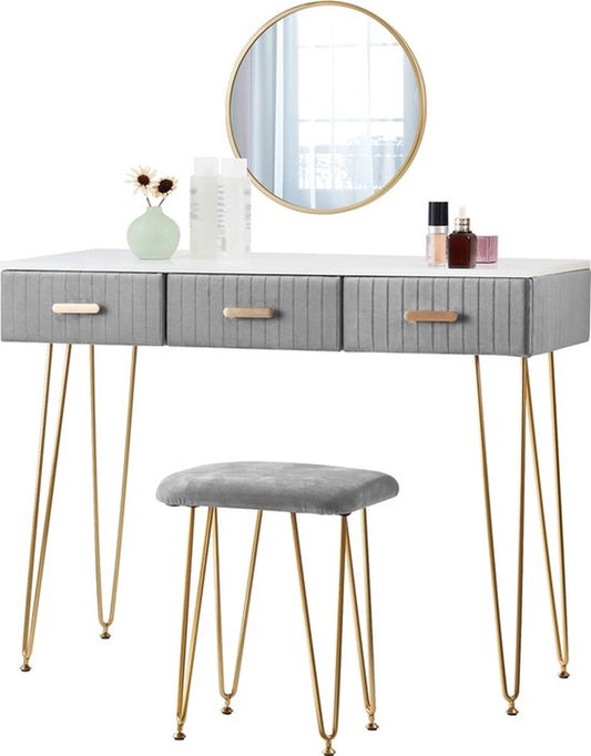 Kaptafel Grijs - Kaptafel Met Spiegel En Verlichting - Kaptafels - Met Spiegel - Met Kruk