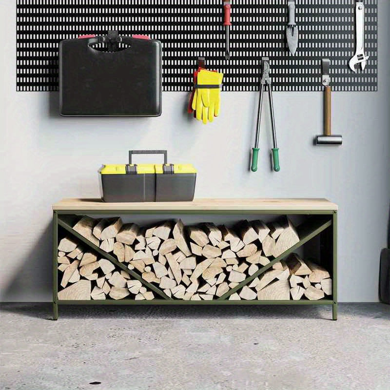 Houtopslag – Brandhoutrek – Haardhoutrek – Houtberging – Haardhoutopslag – Roestvrijstalen Frame – Uittrekbaar Ontwerp 100,5x35,5x40 cm – Weerbestendig Buitengebruik – Olijfgroen Houten Blad
