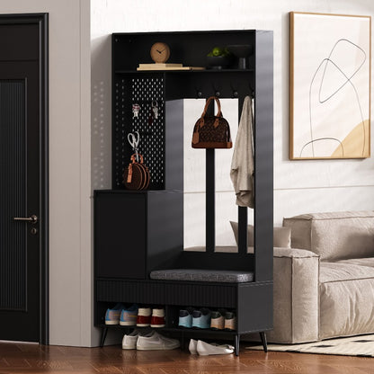Coat Rack Entryway Hallway Storage Organizer with Shoe Bench 4 Hooks 2 Drawers 1 Door Cabinet for Home Black 100x35x180cm, Shoe Rack with Bench And Coat Hanger