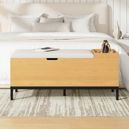 Opbergbank – Zitbank – Opbergbox – Halbank – Opbergkist – MDF Materiaal – Kantelbeveiliging – Comfortabele Zitting – 115x40x49,5 cm – Beige/Lichtgrijs