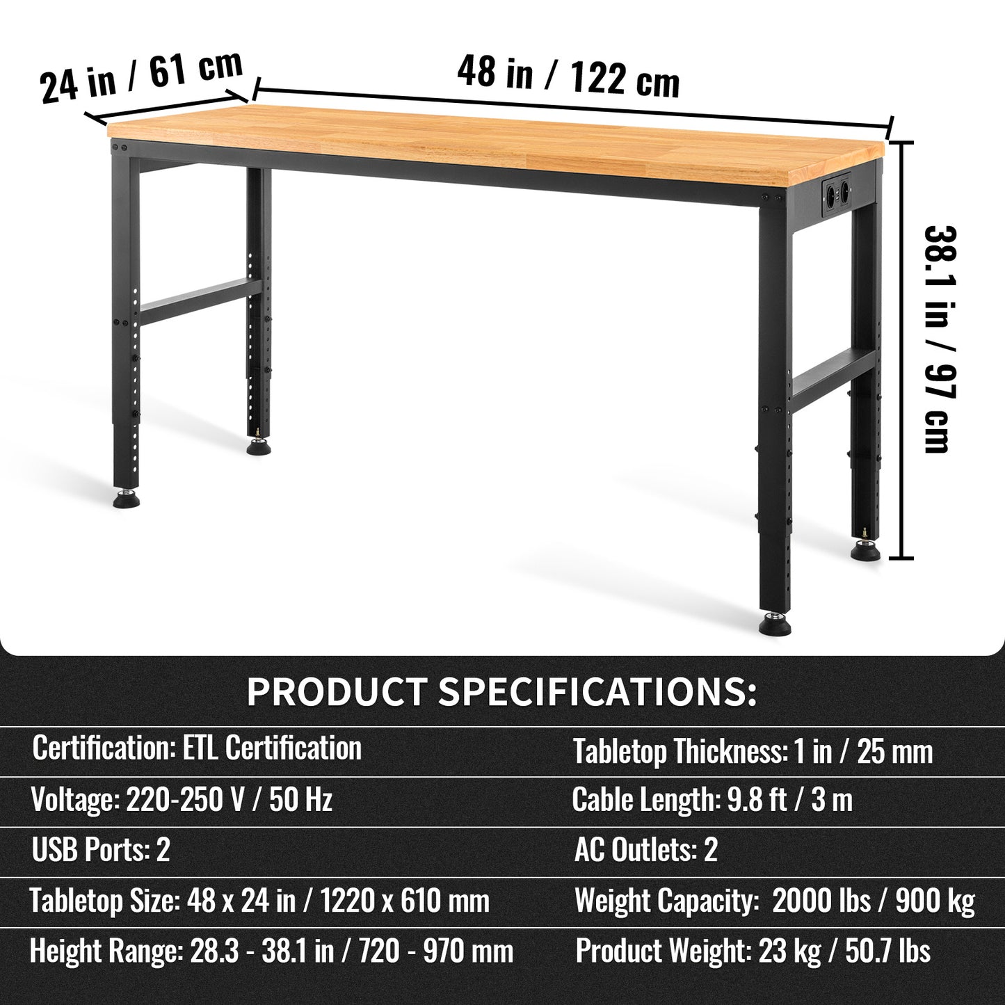 Werkbank – Verstelbare Werktafel – Klusbank – Montagebank – Krachtige Werkplek – Verstelbare Hoogte 72-97 cm – Massief Houten Blad 25 mm – Inclusief Stopcontacten & USB-poorten – Koudgewalst Stalen Frame