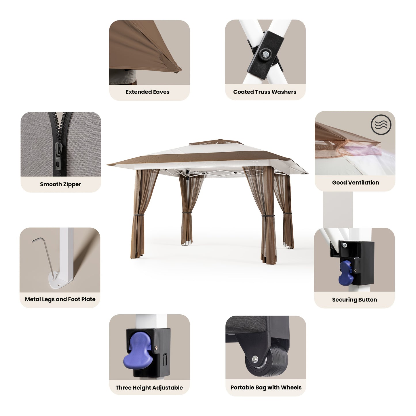 Partytent – Tuinpaviljoen – Pop-up Tent – Vouwtent – Overkapping – Waterdicht – Verstelbare Hoogte – Inclusief Muskietennet – Beige
