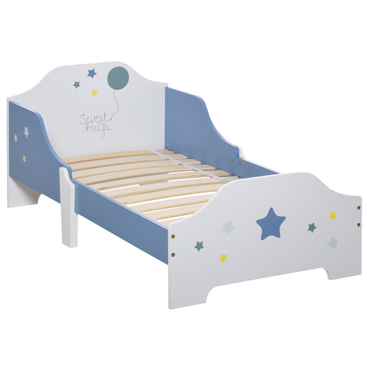 Kinderbed – Peuterbed – Vloerbed – Bed Voor Kinderen – Kinderbed Met Spijlenbodem – Laag Kindvriendelijk Bed – Sterrenprint Blauw Wit – 143x74 cm – Veilig En Duurzaam MDF