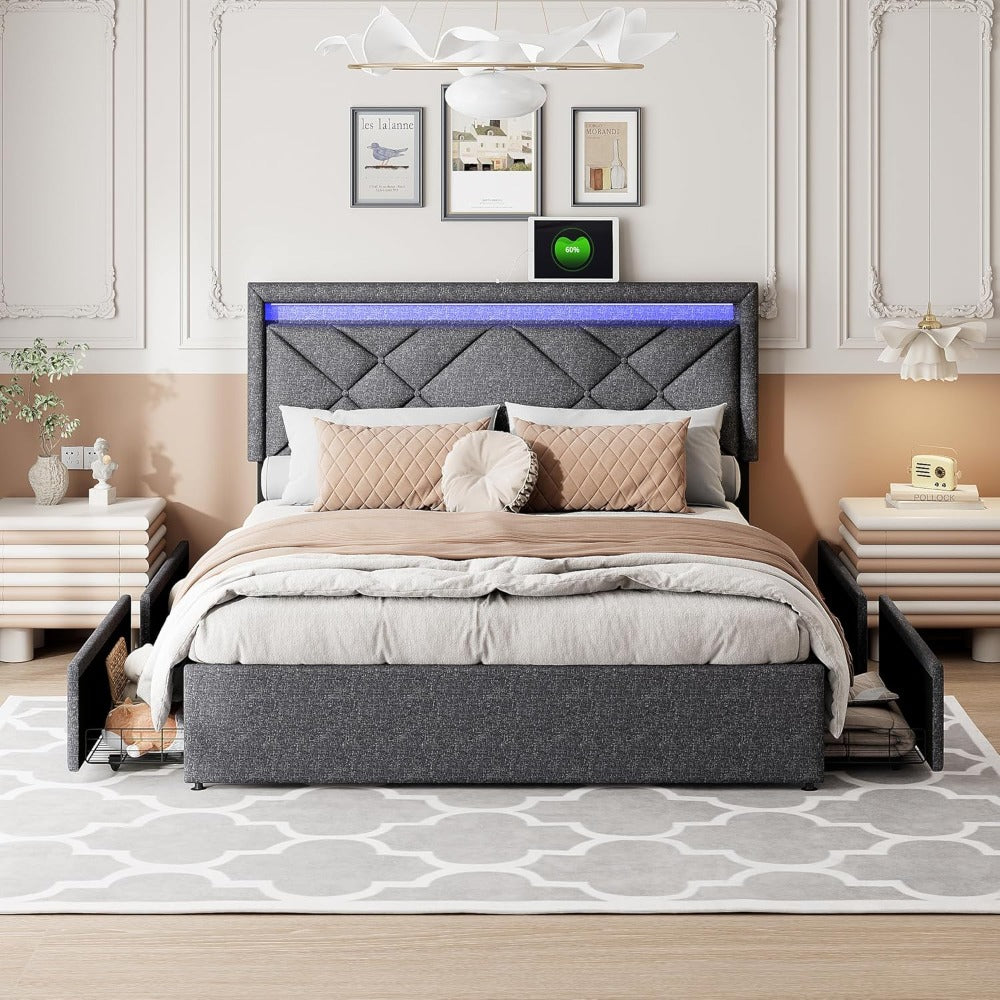 Bedkast – Tweepersoonsbed – Opbergbed – Bed Met Laden – Gestoffeerd Bed – 160x200 cm – LED Hoofdbord Met Afstandsbediening – USB Oplaadpoort