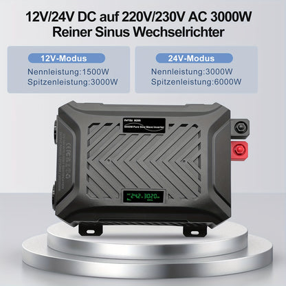 Omvormer – DC naar AC Converter – Spanningsomvormer – Stroomomzetter – 24V 3000W Dual Voltage – Zuivere Sinusgolf – Aluminium Behuizing