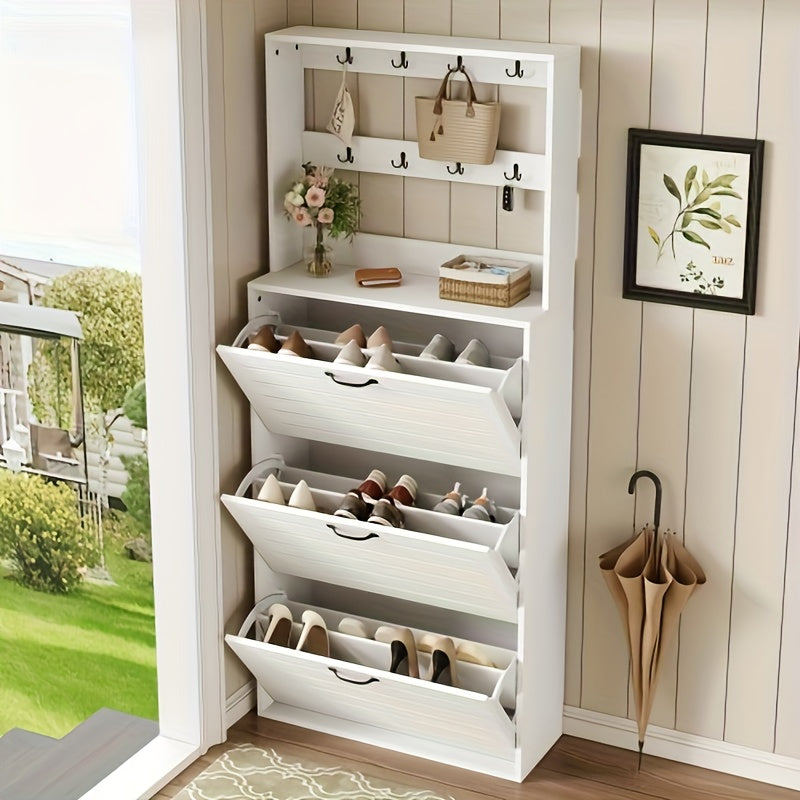 Schoenenkast – Schoenenrek – Schoenenopberger – Schoenenkast Met Haakjes – Smalle Witte Schoenenkast – 3 Deuren – Opbergruimte Voor 15 Paar Schoenen
