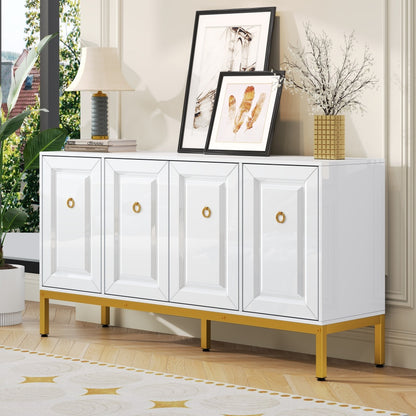 Dressoir – Sideboard – Opbergkast – Ladekast – Wandkast – Hoogglans Wit – Gouden Accenten – 140x80x40 cm – Ruime Opbergruimte