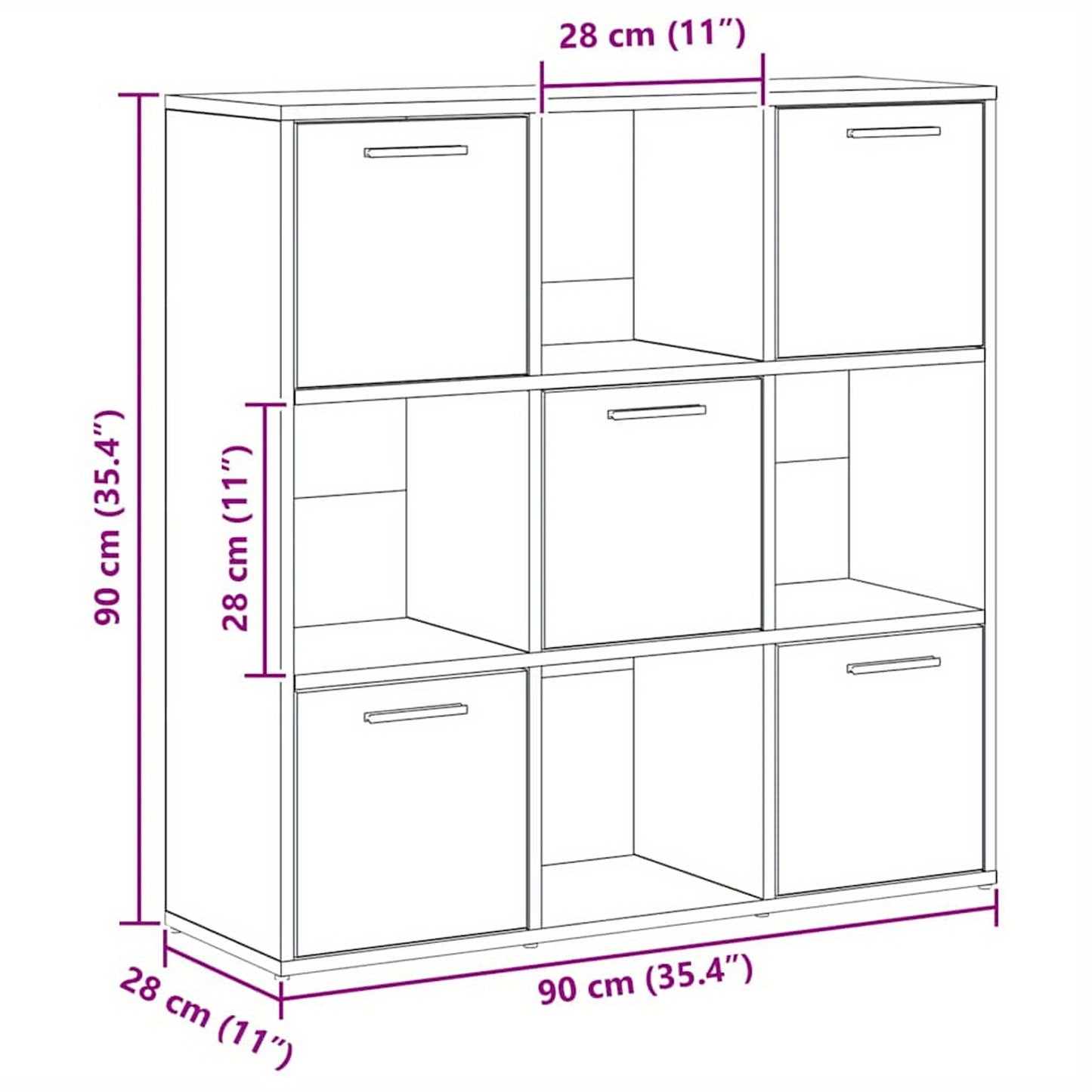 Boekenkast – Opbergkast – Vitrinekast – Wandkast – Kast met Deuren – Modern Design – Licht Eiken Fineer – 90x28x90 cm – 9 Vakjes – Vrijstaand – Stabiel & Duurzaam