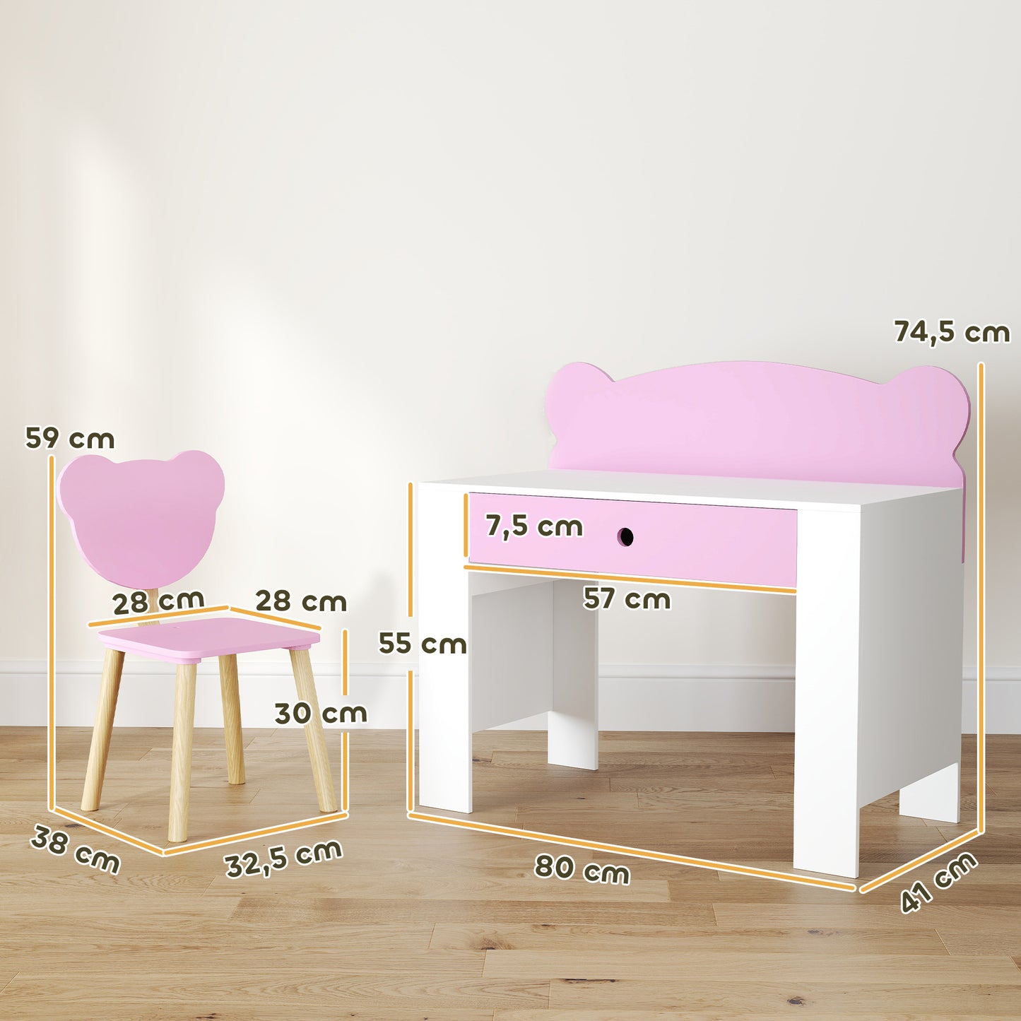 Kinderbureauset – Bureautje Kind – Schrijf- & Knutseltafel – Kinderbureau Roze – Bureaustoel Kind – Met Lade – Schattig Berenontwerp – Geschikt Voor 3-8 Jaar