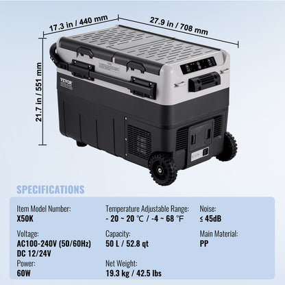 Mobiele Koelvrieskast – Mobiele Koelkast – Draagbare Vrieskast – Autokoelbox – Camping Koelkast – 50 Liter – Snelle Koeling Tot -20°C