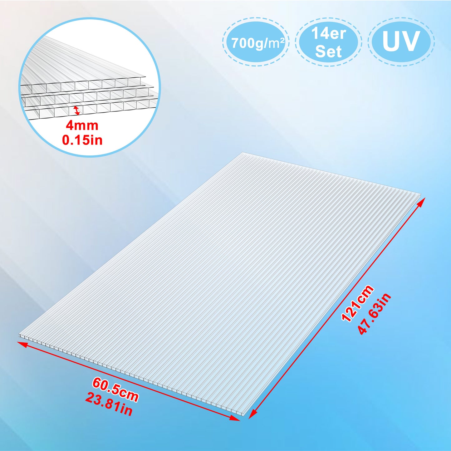 Polycarbonaatplaat – Kunststofplaat – Kasplaat – Dubbelwandig – Kanaalplaat – Transparant – UV-bestendig – 4 mm dik – 605 x 1210 mm – 700 g/m²