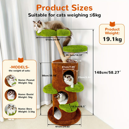 Bingopaw Cat Tree 148cm, Sturdy and Durable Cat Scratching Post, Cat Furniture with Toy Ball and Cat Condo, Cat Climbing Tree, Cat House, Cat Scratching Tower, Solid Wood Material, Large Cat Trees for Indoor Cats, Cat Tree fo