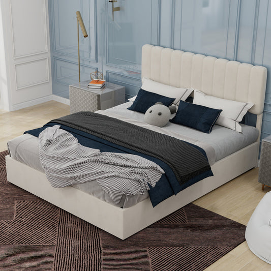 Bedframe – Gestoffeerd Bed – Tweepersoonsbed – Platformbed – Opbergbed – Gaslift Opbergruimte – 160x200 cm – Beige Stof – Zacht Hoofdbord