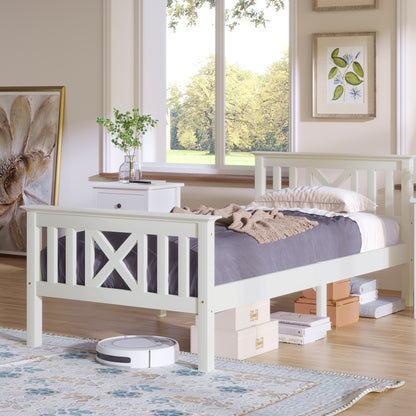 Bedkast – Bedframe – Nachtkastje – Opbergkast – Slaapkamermeubel – Stevig Dennehouten Bed – Ingebouwde Lades – X-Vorm Hoofdbord – Inclusief Matras – 140x200 cm