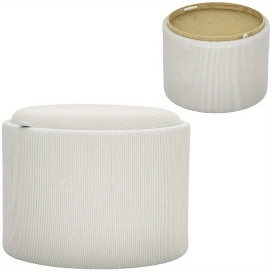 Poef – Kruk – Voetenbankje – Opbergpoef – Bijzettafel – Corduroy Bekleding – Rond – 56x56x42 cm – Crème Wit – Met Opbergruimte – Afneembaar Deksel