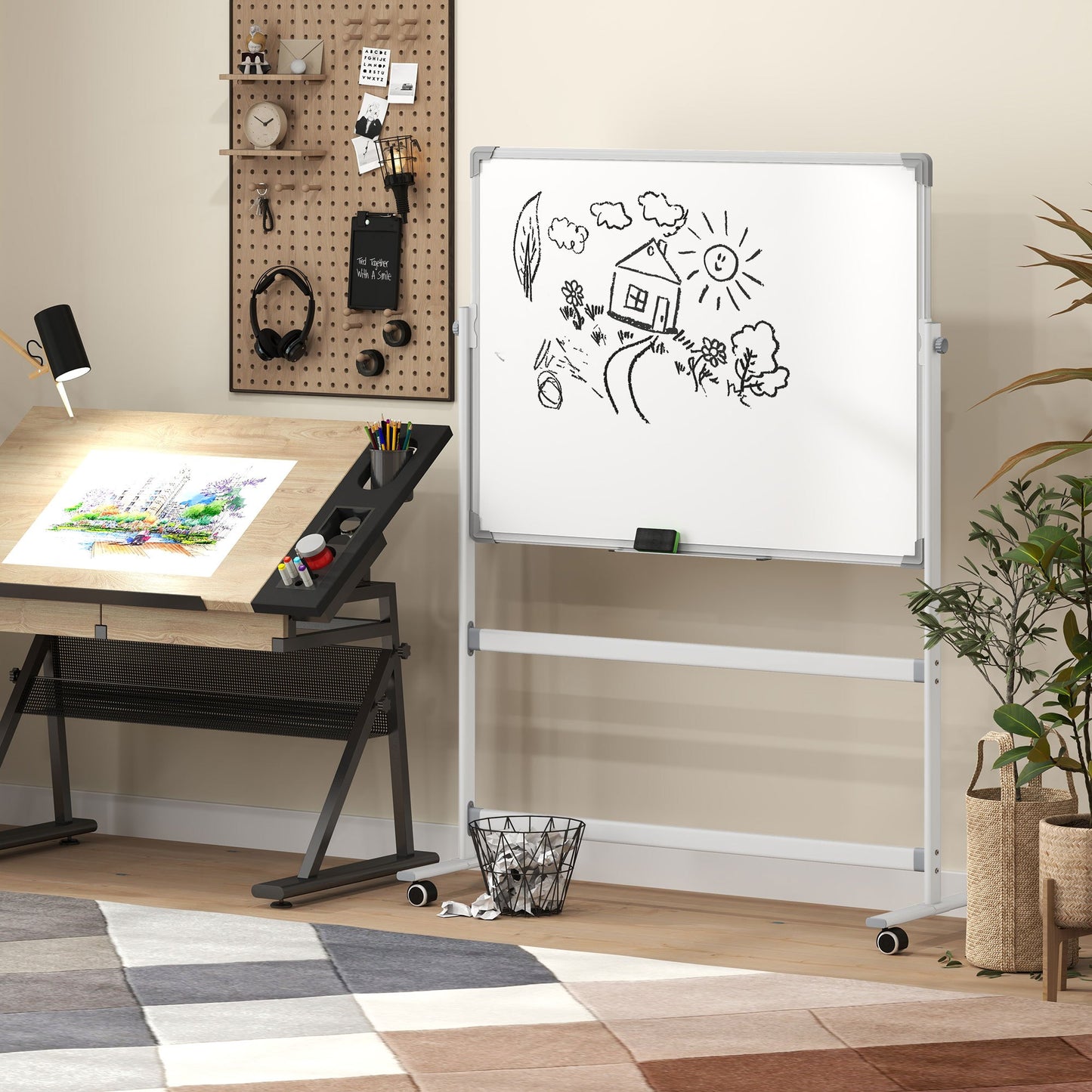 Magnetisch Whiteboard – Whiteboard Bord – Schrijfbord – Presentatiebord – Mobiel Whiteboard – 120 x 90 cm – Draaibaar Met Metalen Frame – Inclusief Marker En Wisser