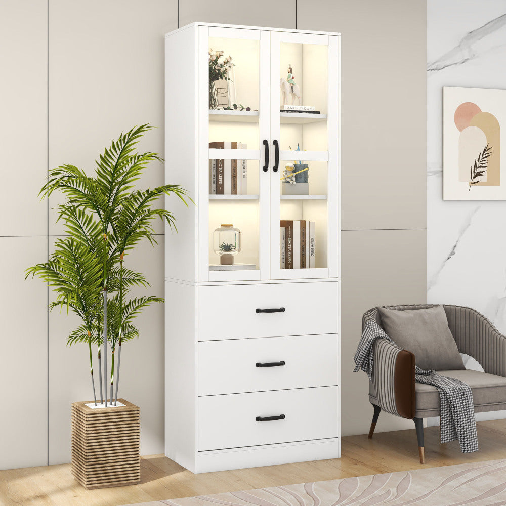 Vitrinekast – Glazen Kast – Opbergkast – Wandvitrine – Standkast – Wit – 200 cm Hoog – 3 Lades & Verstelbare Planken