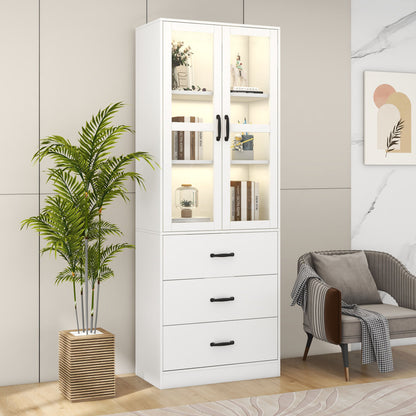 Vitrinekast – Glazen Kast – Opbergkast – Wandvitrine – Standkast – Wit – 200 cm Hoog – 3 Lades & Verstelbare Planken