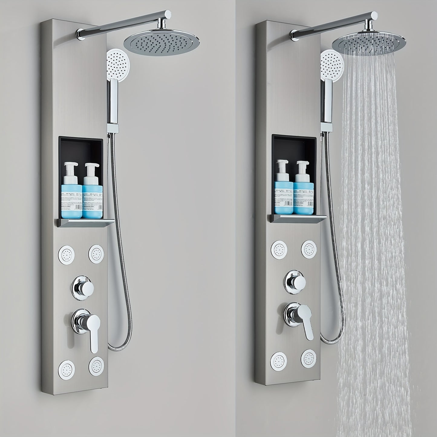 Brushed Nickel Shower Panel Tower System, 5-Function Shower Faucet SetRainfall Shower Head with Massage Jets Tub Spout Shower Shelves, Stainless Steel, Wall Mount