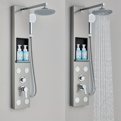 Brushed Nickel Shower Panel Tower System, 5-Function Shower Faucet SetRainfall Shower Head with Massage Jets Tub Spout Shower Shelves, Stainless Steel, Wall Mount