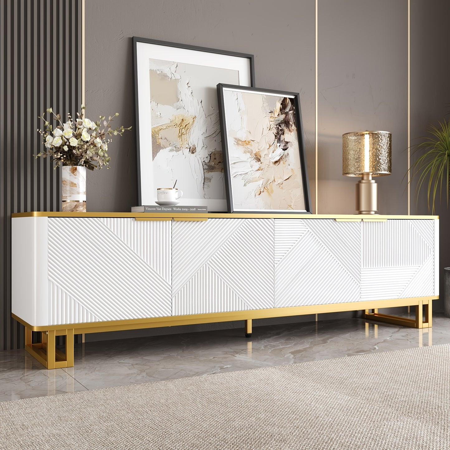 Modern Low-Profile 4-Door TV Stand Cabinet with Geometric Texture Panel Doors - Non-Wood TV Entertainment Center Suitable for Flat-Screen TVs, Easy Assembly, Space-Saving Design