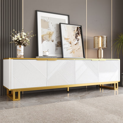 Modern Low-Profile 4-Door TV Stand Cabinet with Geometric Texture Panel Doors - Non-Wood TV Entertainment Center Suitable for Flat-Screen TVs, Easy Assembly, Space-Saving Design