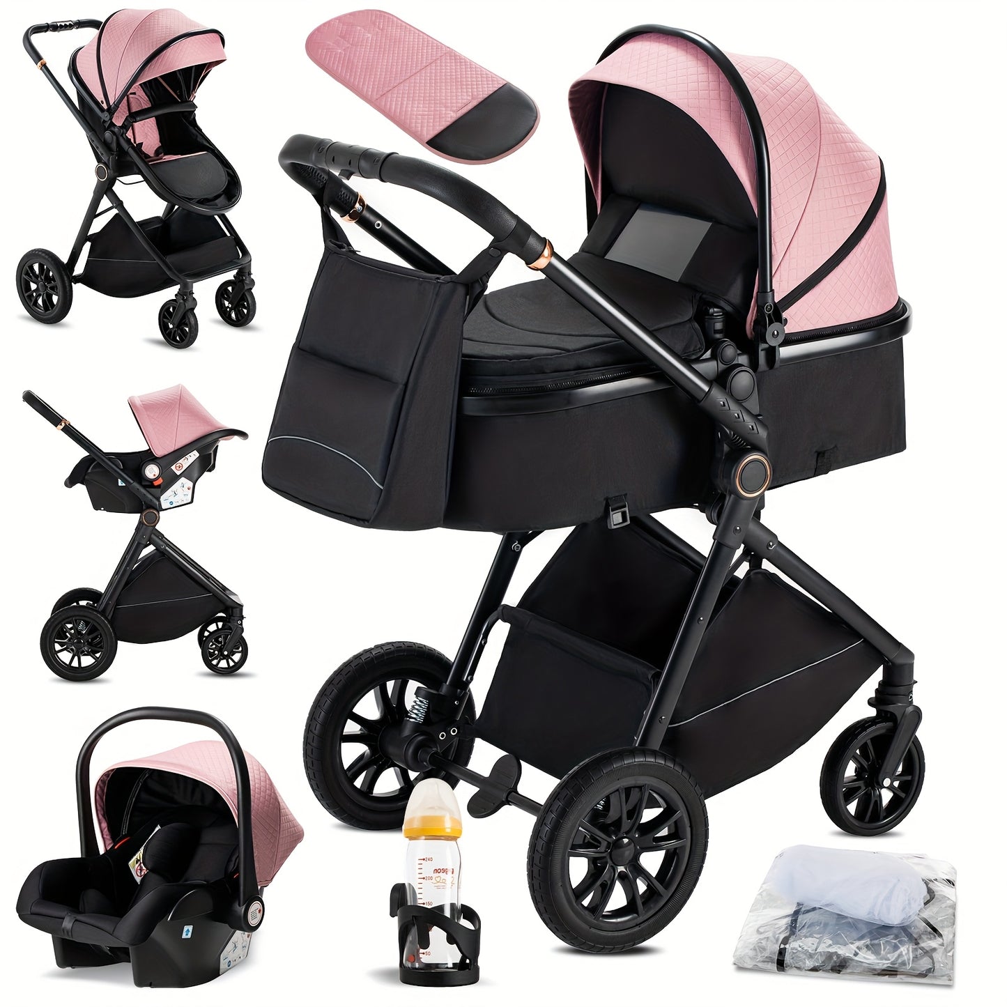 3-in-1 Kinderwagen – Buggy – Combi Stroller – Baby Bed – Wandelwagen – Aluminium Frame – Eén-Klik Inklapbaar – Geschikt Voor Pasgeborenen – Zwart