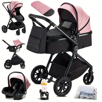 3-in-1 Kinderwagen – Buggy – Combi Stroller – Baby Bed – Wandelwagen Khaki – Aluminium Frame – Eenvoudig Eén-klik Vouwen