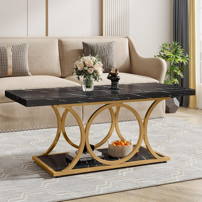 Salontafel – Koffietafel – Woonkamertafel – Bijzettafel – Tafel – Rechthoekig – Zwart Marmerlook – Gouden Metalen Frame – 2 Niveaus Opbergruimte – 120x60x48 cm