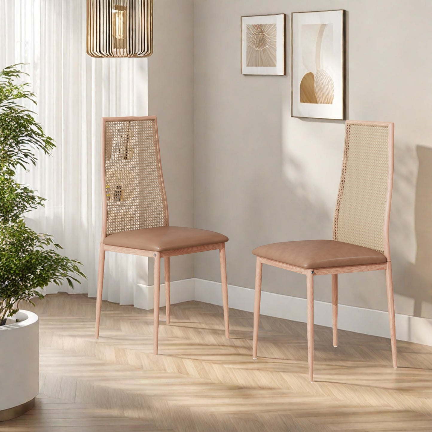 Rattan Eetkamerstoelen – Rotan Stoelen – Tuinstoelen – Keukenstoelen – Bistrostoelen – Mid-Century Modern Design – Weerbestendig Metalen Frame – Compacte Afmetingen 97,5x43x44 cm