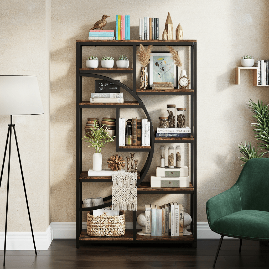 Boekenkast – Boekenrek – Opbergkast – Wandkast – Vakkenkast – Industrieel Design – 9 Open Planken – Robuust Zwart Metalen Frame met Natuurlijke Houtnerf