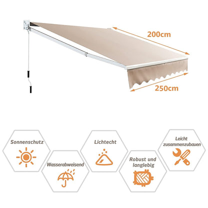 Zonnescherm – Zonwering – Terrasoverkapping – Balkonzonwering – Uitschuifbaar – Verstelbare Hoek 40-100° – 250x200 cm – Waterafstotend Aluminiumframe – Handbediening