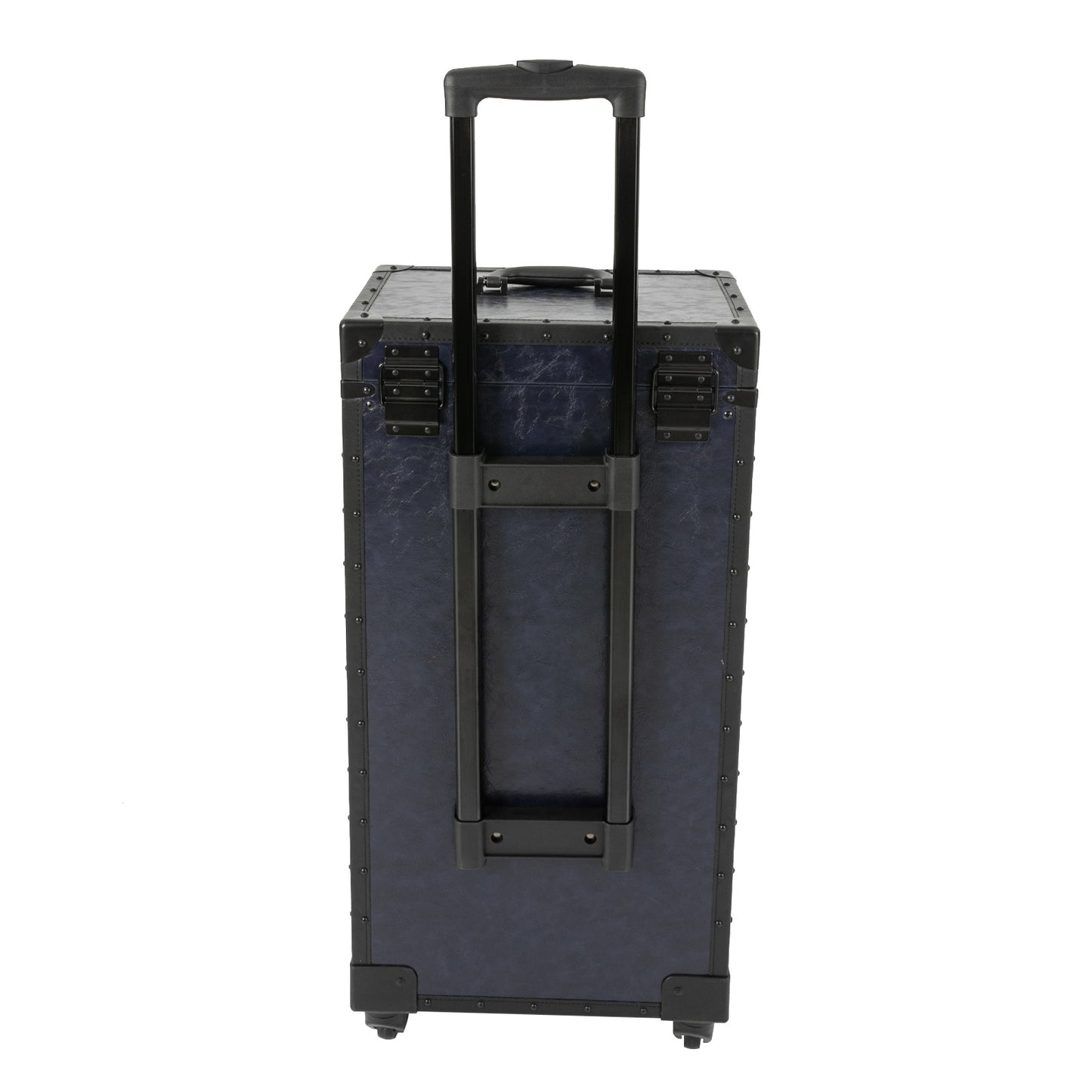 Retro Tie Bar Hairdressing Toolbox with 4 Compartments & Metal Wheels - Blue PU & Woodboard Mobile Storage Organizer for Salon, Home, Travel - No Assembly Required, Hairdressing Storage, Modern Functionality, Wooden Handle