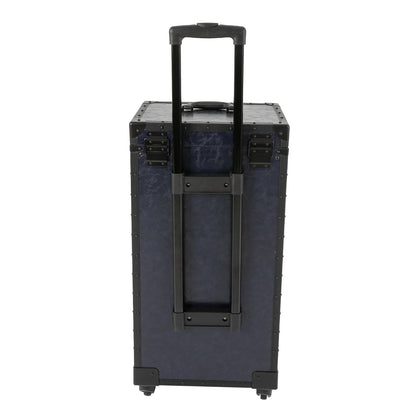Retro Tie Bar Hairdressing Toolbox with 4 Compartments & Metal Wheels - Blue PU & Woodboard Mobile Storage Organizer for Salon, Home, Travel - No Assembly Required, Hairdressing Storage, Modern Functionality, Wooden Handle